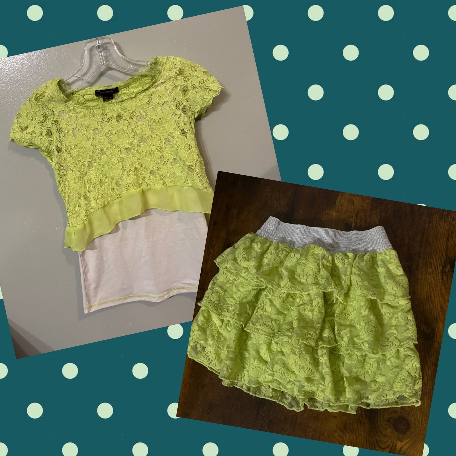 My Michelle Neon Green Layered Lace Top & Ruffle Skirt Set (Girls Medium)